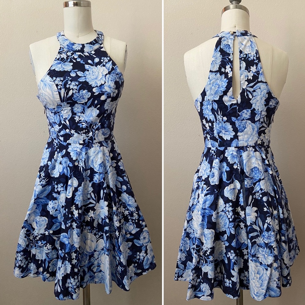 Vintage Style Blue Floral Halter Dress